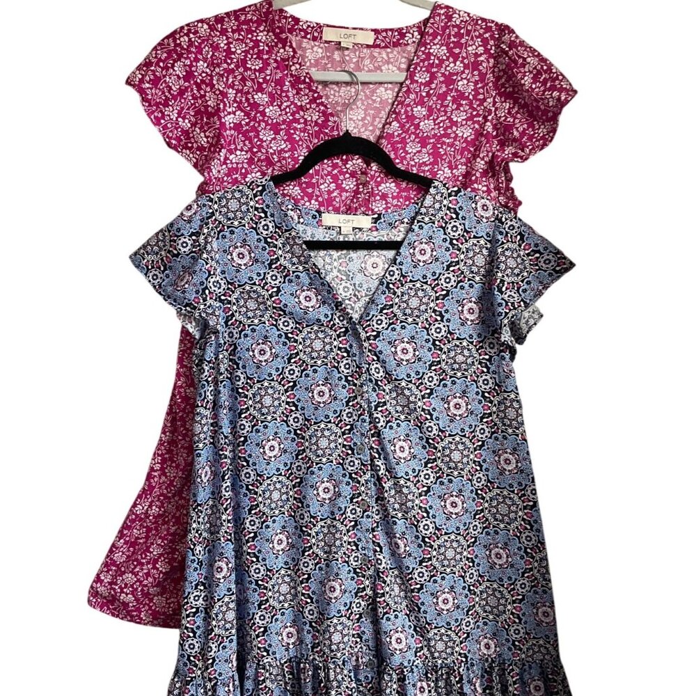 LOFT M Bundle Lot 2 Floral Ruffle Shirt Dresses V-Neck Tiered Babydoll Cotton - Picture 5 of 15